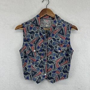 Replay Vest Womens Small Blue Paisley Americana Flag Print Made in Italy Cotton